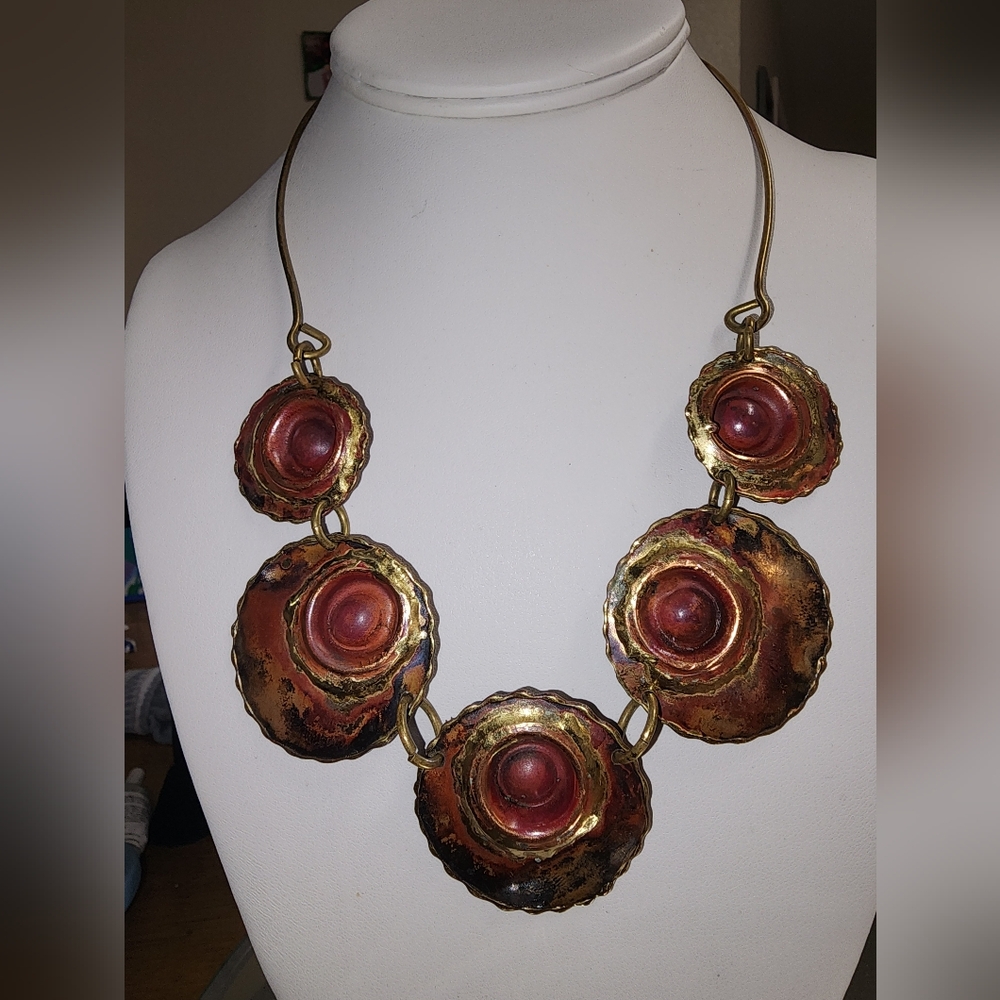 Artisan Hand Hammered Copper and Brass Brutalist Inspired Revival Necklace